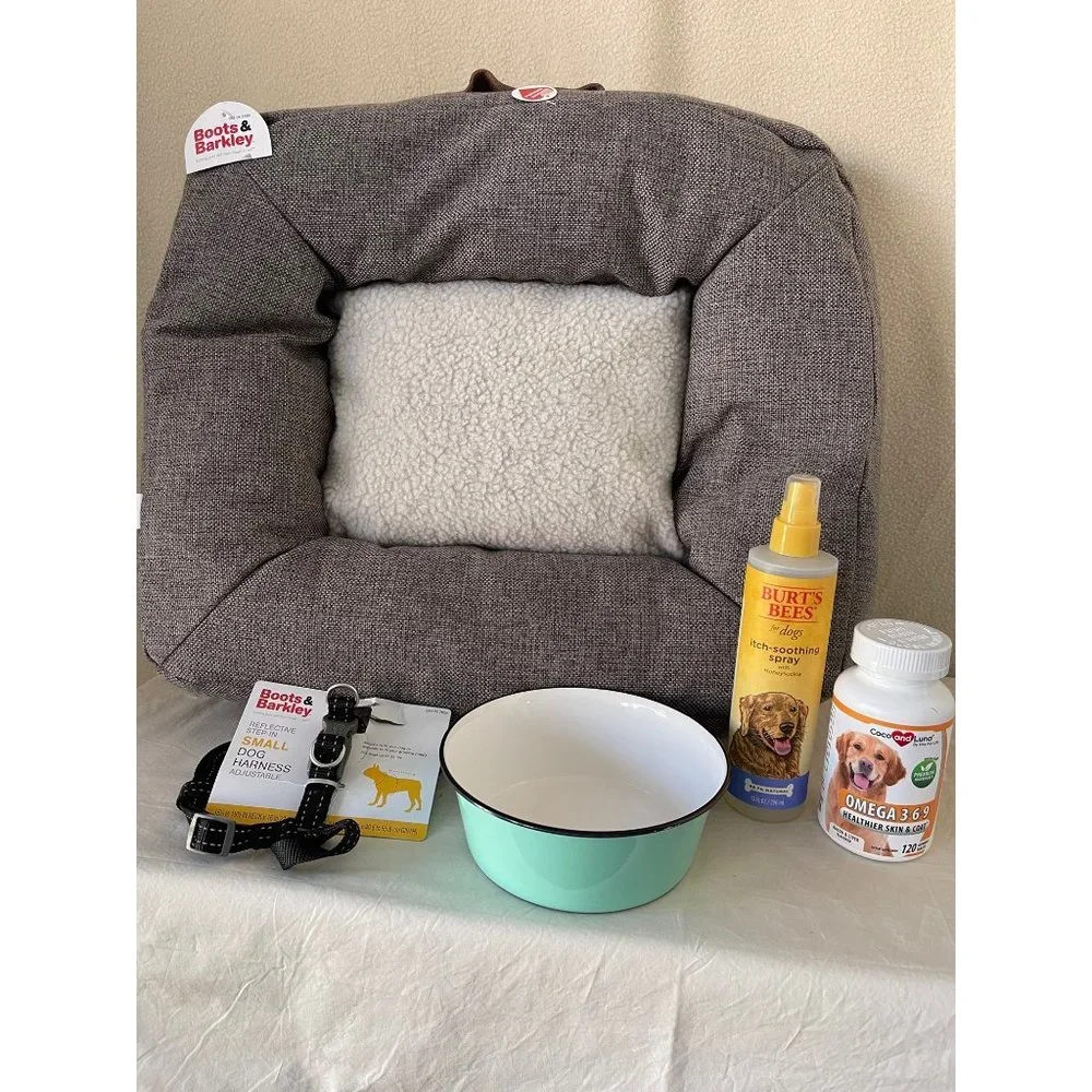 Boots, Bees & Coco Pet Pack - Small Dog -Pet Bed, Vitamins, Harness, Bowl, Spray
